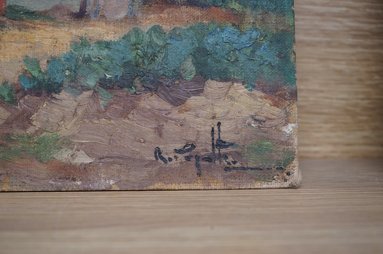 Impressionist oil on canvas board, Village settlement, indistinctly signed lower right, unframed, 27 x 34cm. Condition - fair